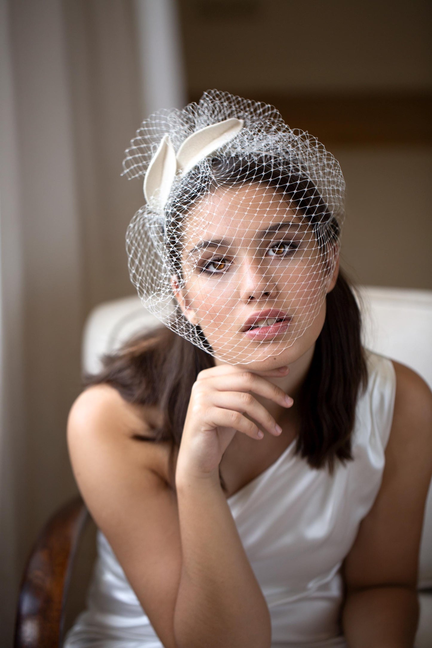 Ivory Birdcage Veil: Felt Leaf Petals, Elegant Bridal Headpiece