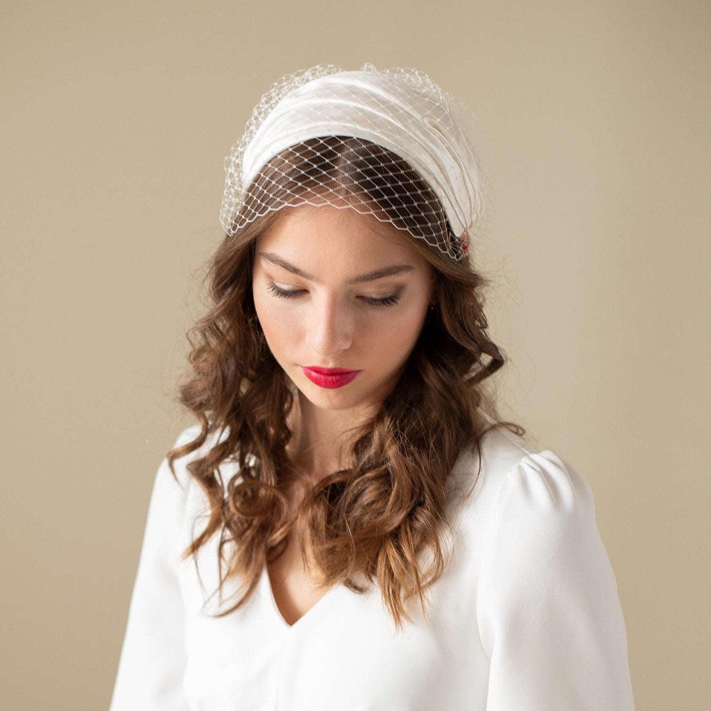 Antique style birdcage with silk satin half hat for a bride, bridal wide veiled headband, wedding millinery silk headpiece