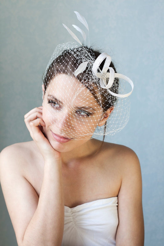 Bridal Feather Fascinator Rhinestone & Birdcage Veil Headpiece