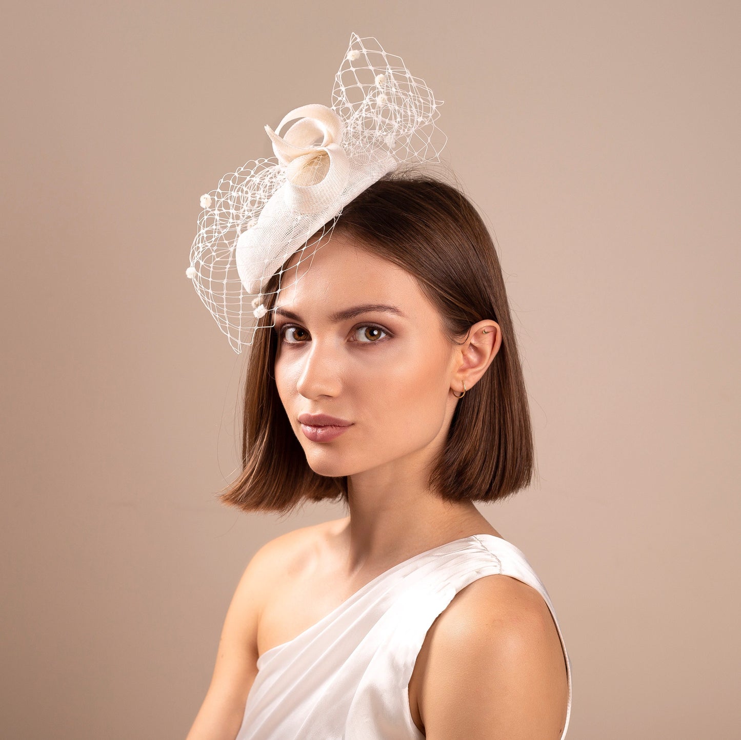 Ivory Wedding Pillbox Hat: Veiled Bridal Hat with Bow & Dotted Veil