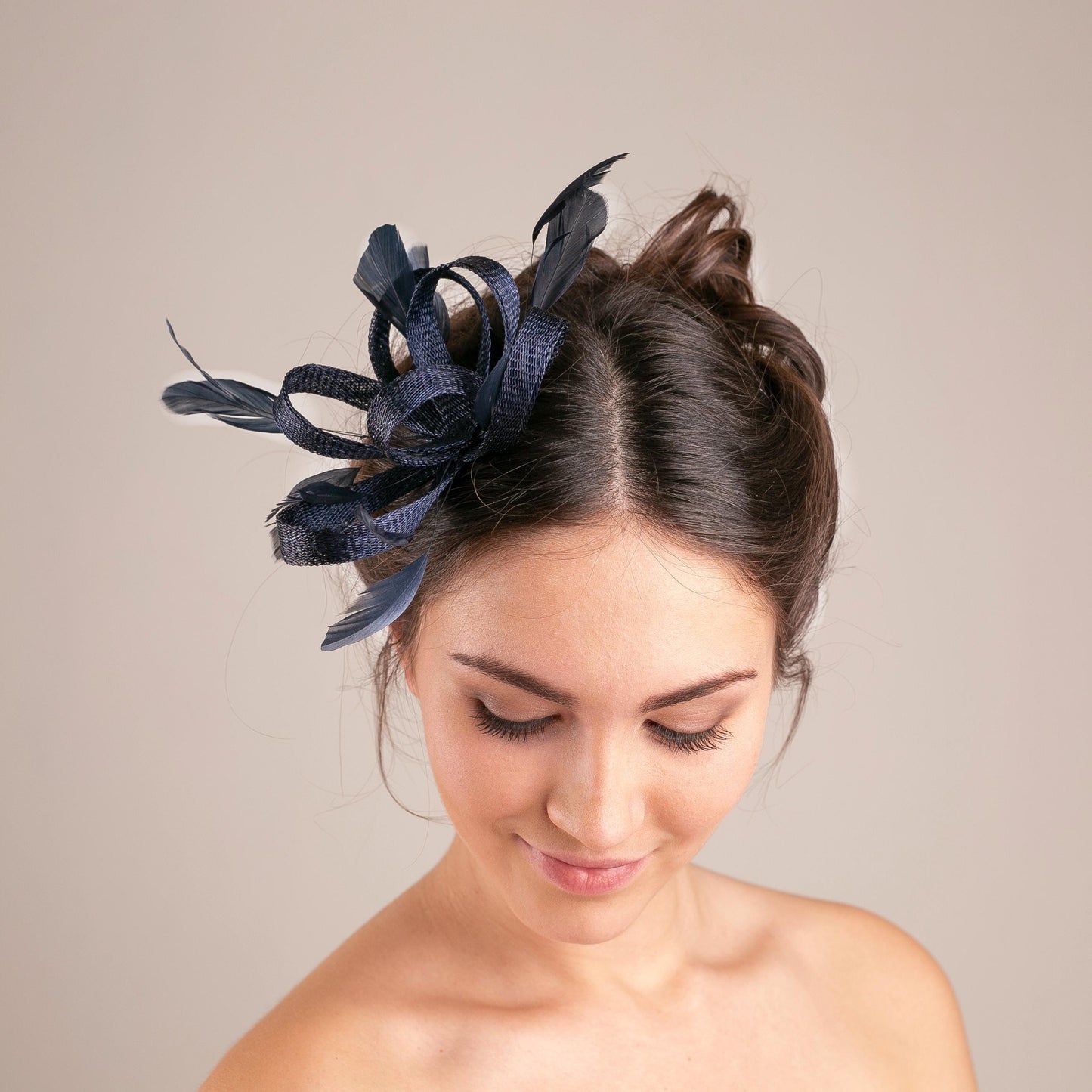 Navy Feather Fascinator, Sinamay Wedding Headpiece with Clip