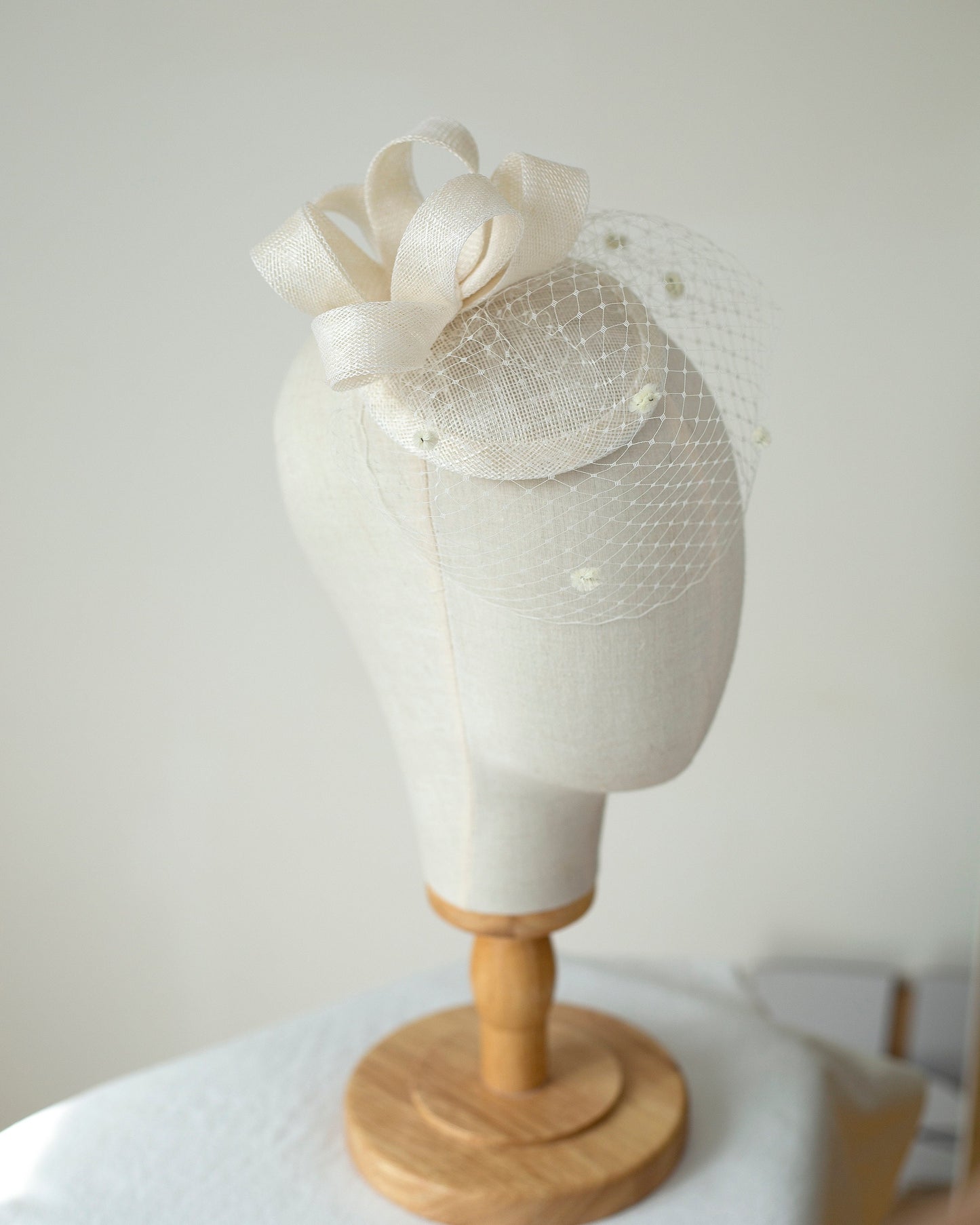Bridal Sinamay Fascinator Hat in Ivory Wedding Pillbox Hat with Dotted Birdcage Veil