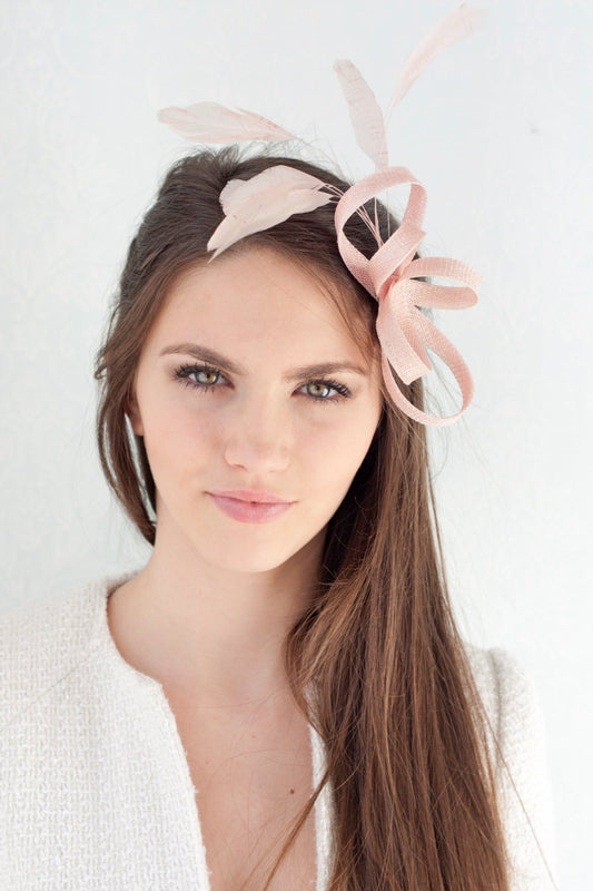 Powder Pink Feather Fascinator: Bow Headpiece for Wedding Guest