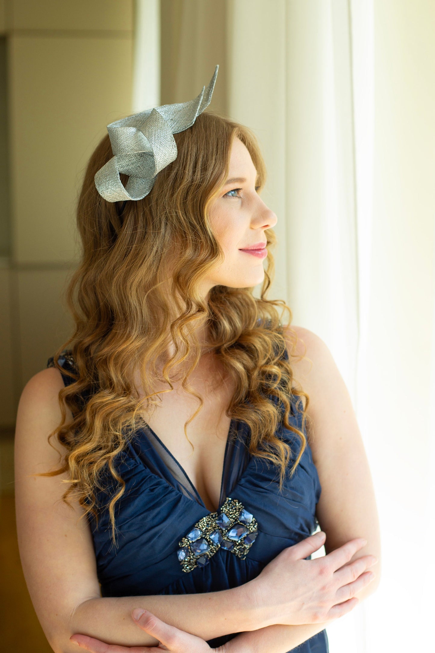 Metallic Silver Sinamay Fascinator, Wedding Guest Headpiece