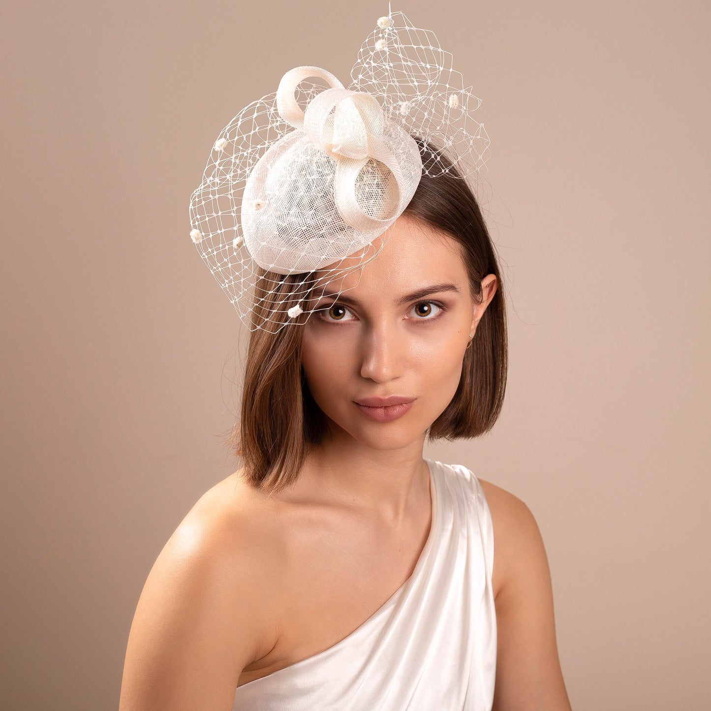 Ivory Wedding Pillbox Hat: Veiled Bridal Hat with Bow & Dotted Veil