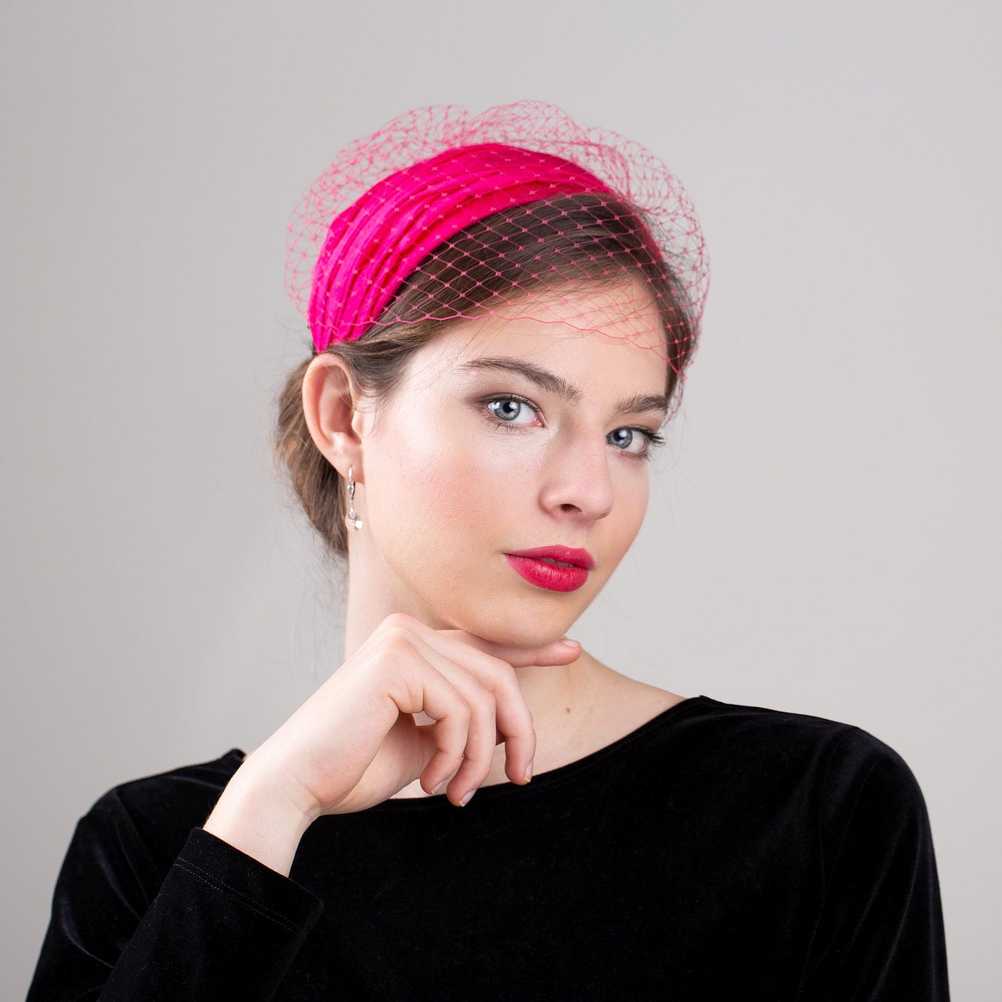 Bright Pink Silk Half Hat with Birdcage Veil, Mid-Century Glamour wide Headband with Netting