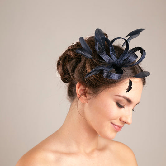 Navy fascinator with feathers, wedding guests headpiece for women