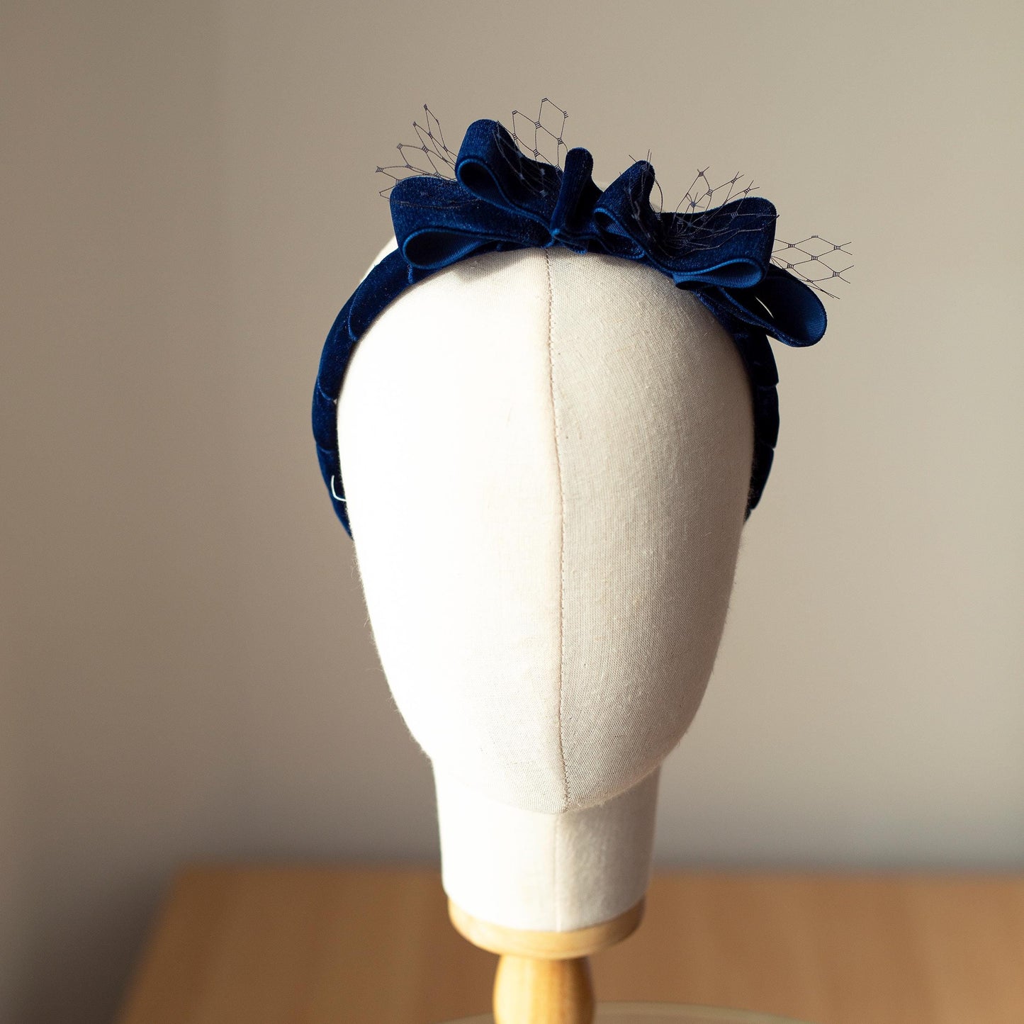 Navy Velvet Bow Headband: Vintage Ribbon & Netting Headpiece