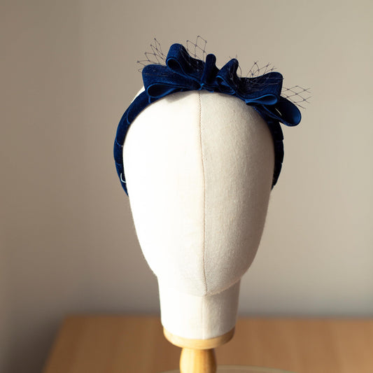 Navy Velvet Bow Headband: Vintage Ribbon & Netting Headpiece