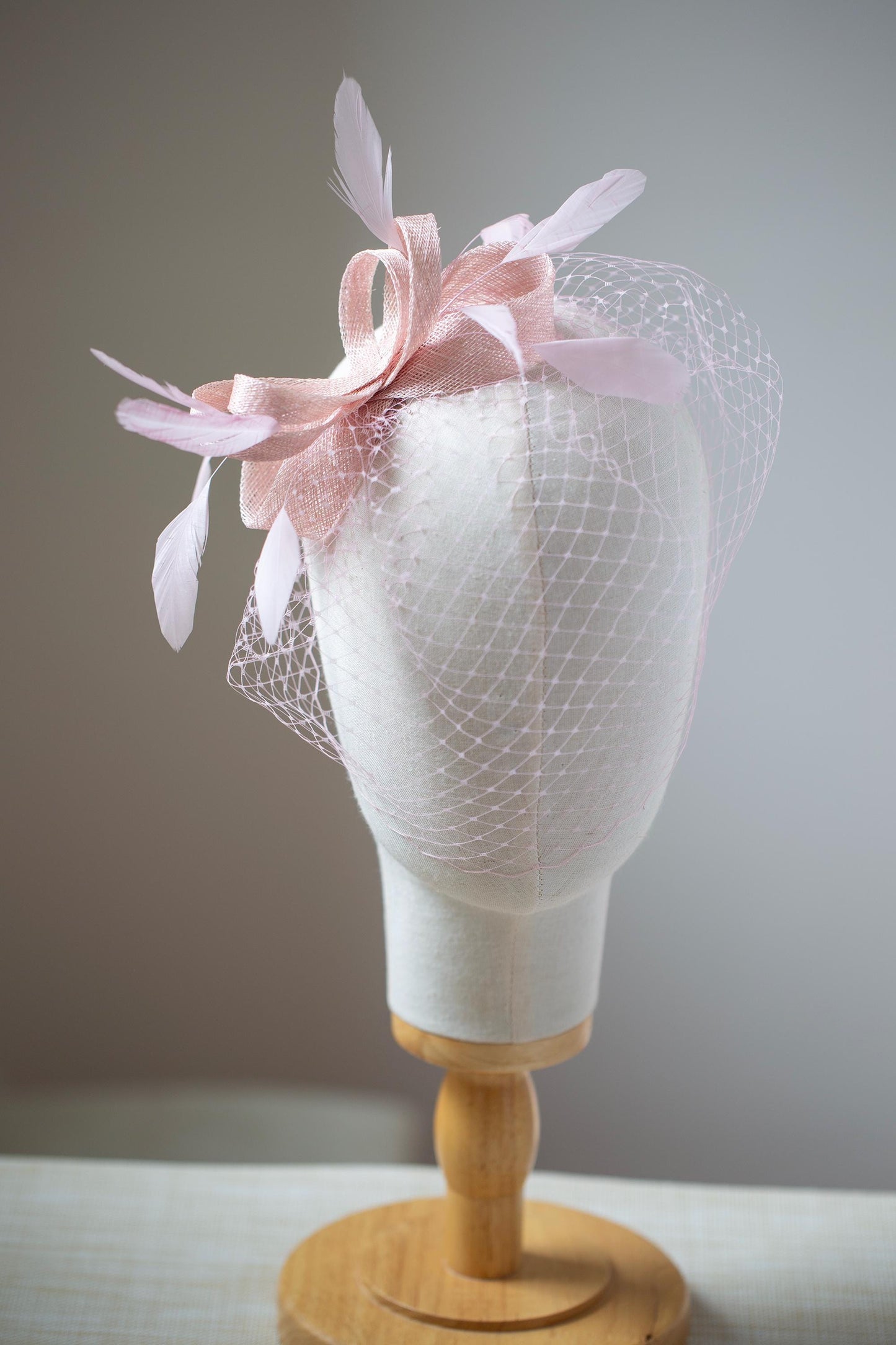 Powder Rose Feather Fascinator: Blush Birdcage Veil Wedding Headpiece