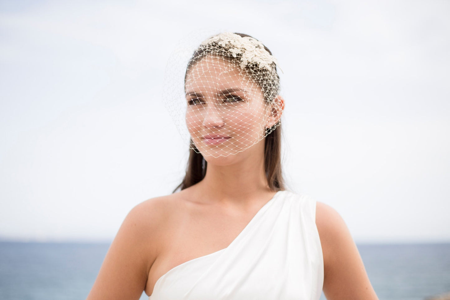 Hellbeiger Spitzen-Vogelkäfigschleier, Braut-Vogelkäfigschleier mit floralem Spitzen-Haarschmuck, Brautschleier mit Spitzen-Haarschmuck in Nude, französischer Vogelkäfigschleier in Nude