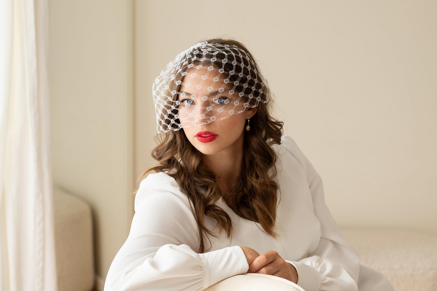 Vintage White Birdcage Veil: 1960s German Veiling, Bridal Face Veil