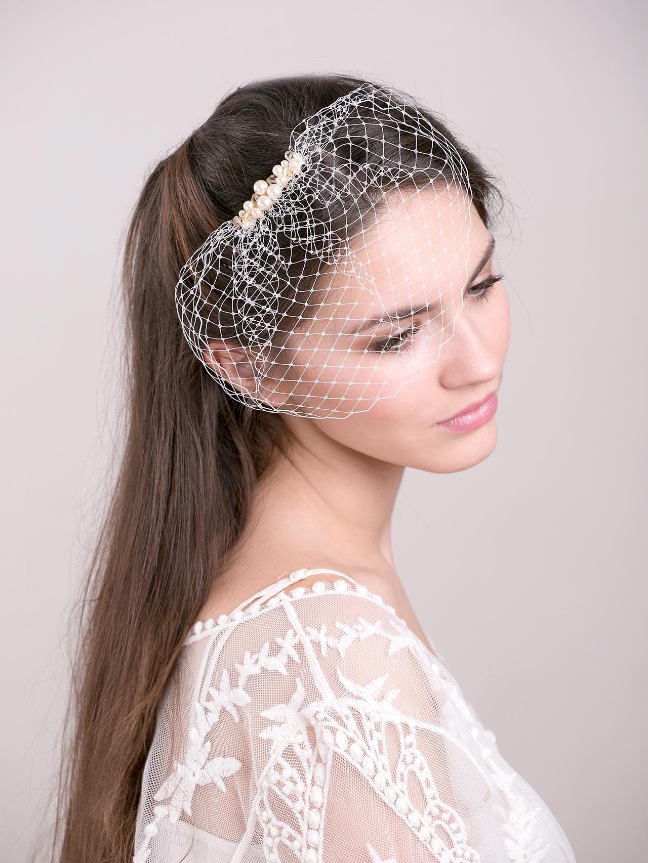 Civil Wedding Swarovski Pearl Veil Pearl Birdcage Veil 6" Short Bridal Veil Pearl Beaded Comb Veil City Hall Wedding Veil