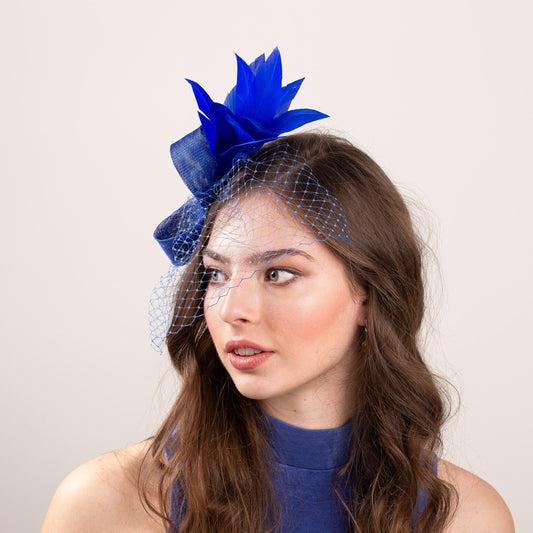 Royal Blue Feather Fascinator for Wedding Guests, Formal Occasion Headpiece for Netting Veil