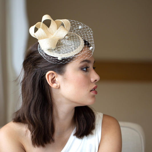 Bridal Sinamay Fascinator Hat in Ivory Wedding Pillbox Hat with Dotted Birdcage Veil