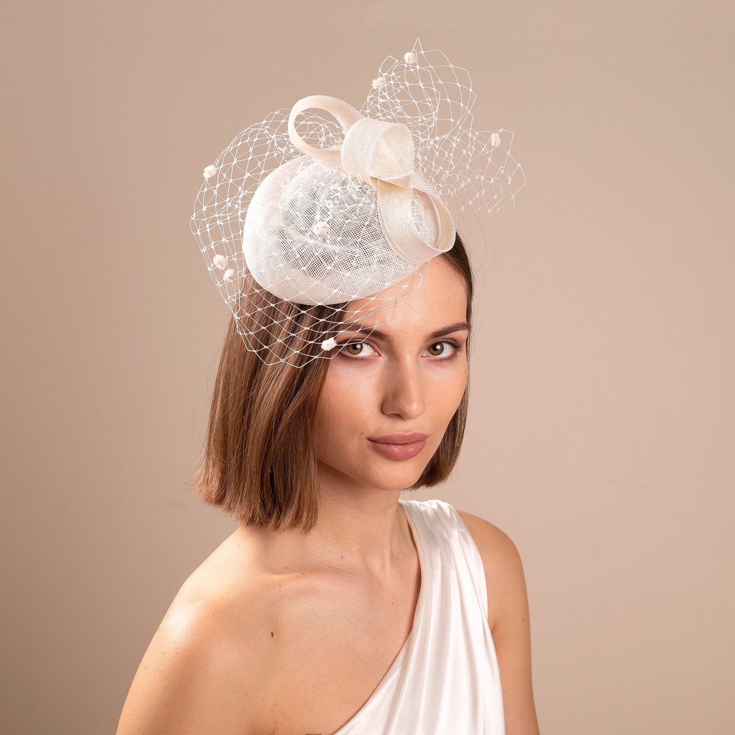Ivory Wedding Pillbox Hat: Veiled Bridal Hat with Bow & Dotted Veil