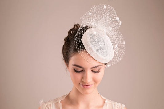 Bridal Pillbox Hat for City Hall Wedding, Veiled Millinery Wedding Headpiece