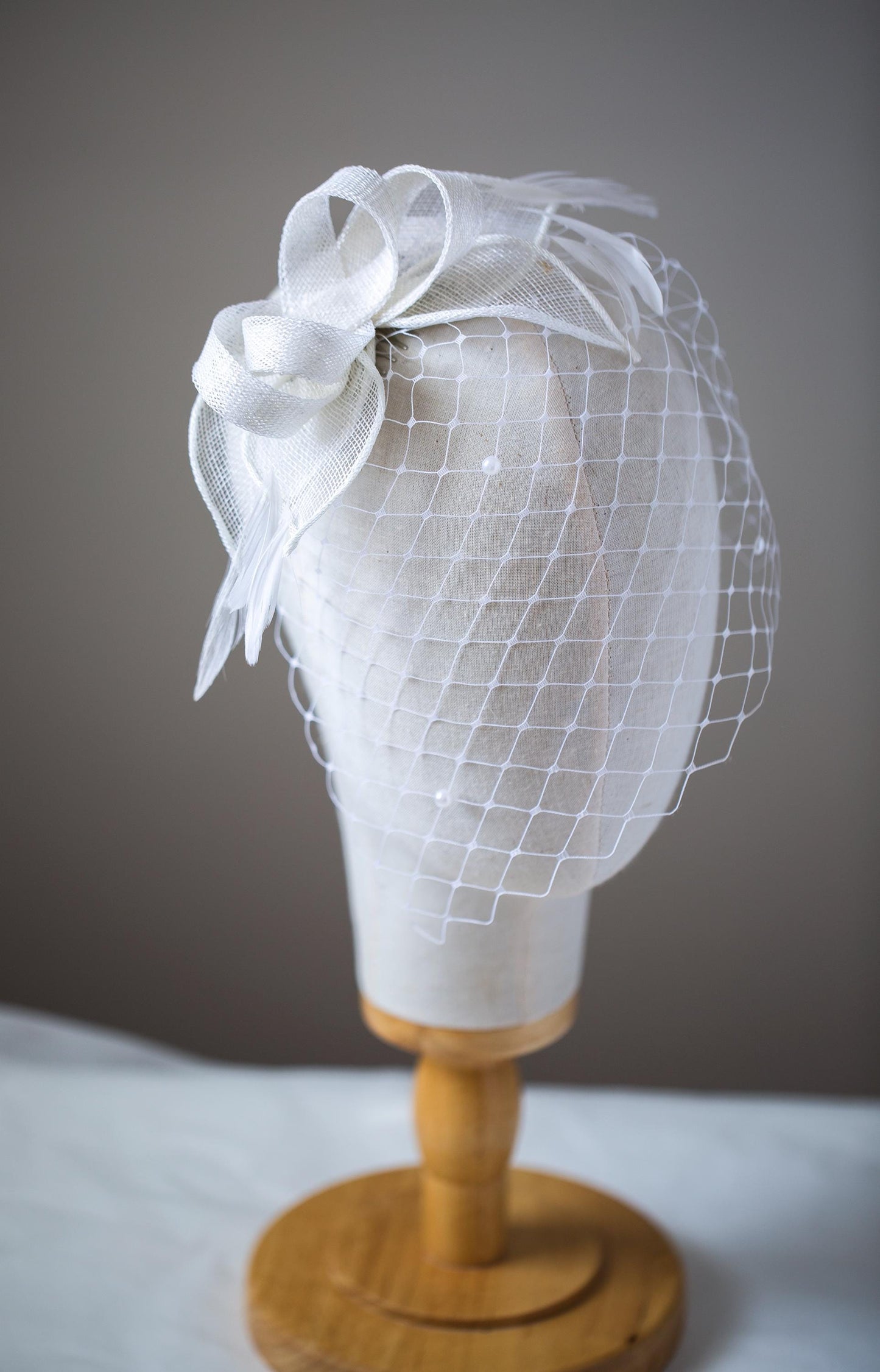Bridal Birdcage Veil Fascinator: White Sinamay Leaves, Pearl Accents