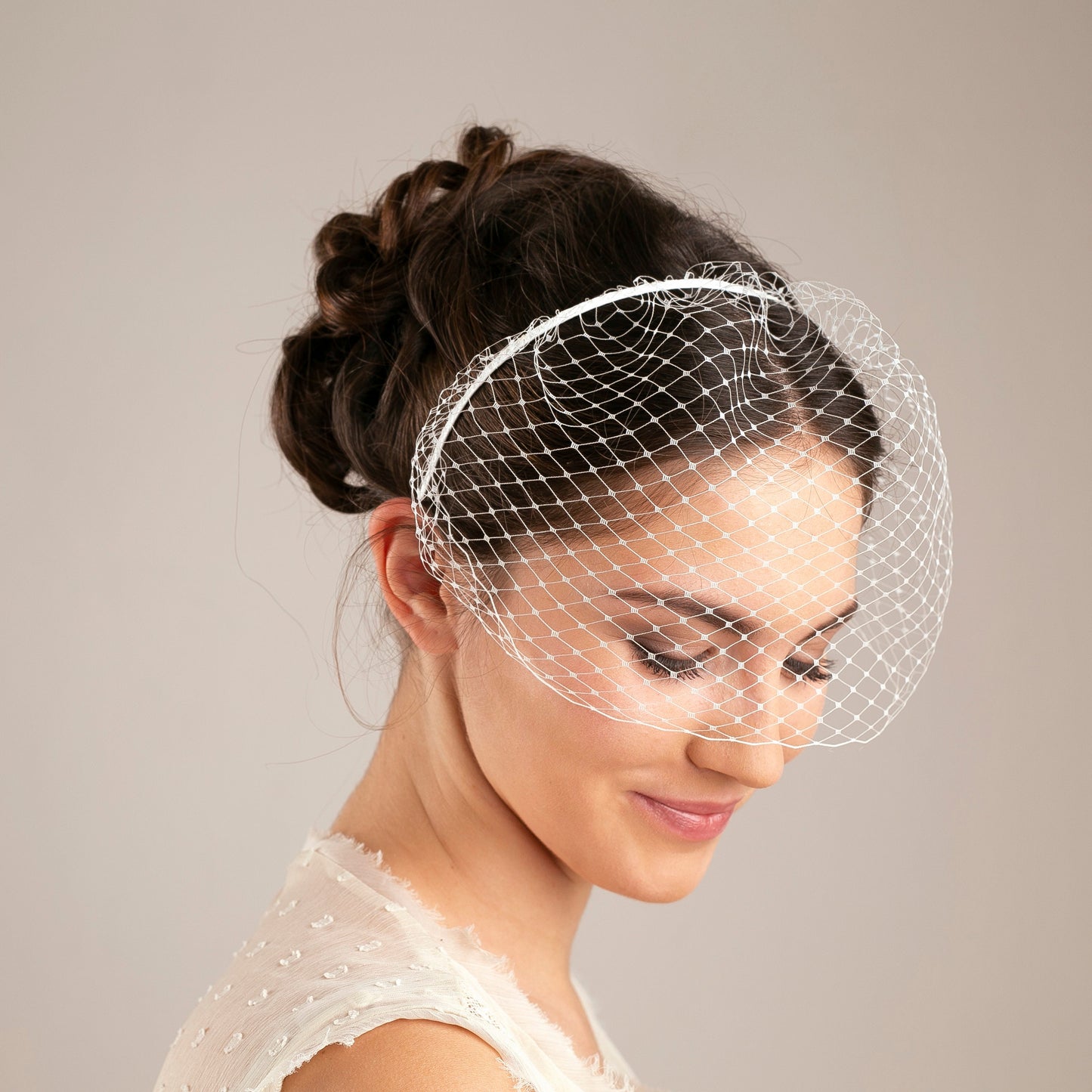 Ivory Birdcage Veil Headband, Nose-Length Bridal Hair Accessory