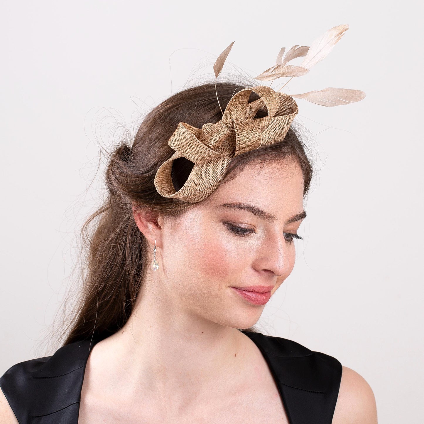 Gold Bow Fascinator, Feathered Wedding Headpiece