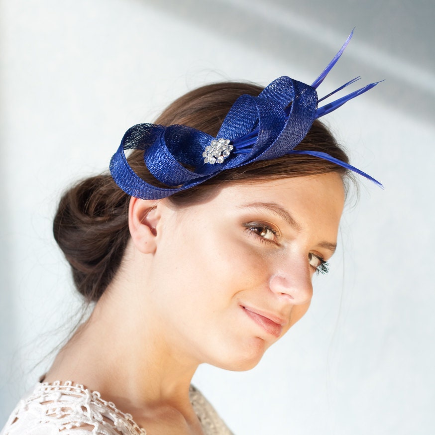 Royal Blue Feather Fascinator on clip, Rhinestone Wedding Headpiece, Formal occasion hair piece