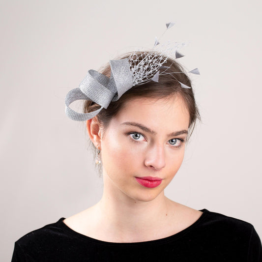 Silver Fascinator with Feathers and Netting Metallic Headpiece with Netting & Feathers