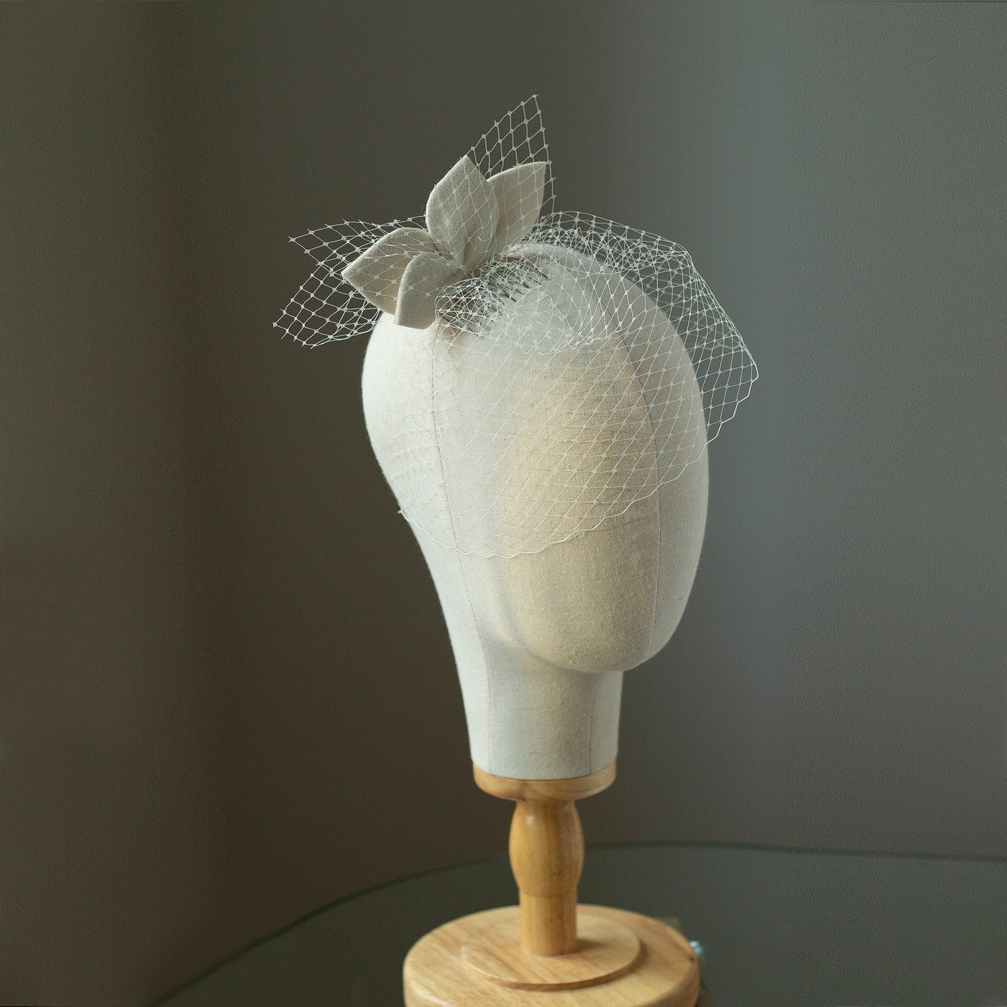 Bridal Fur Felt Leaves Birdcage Veil - Ivory White Fascinator
