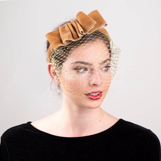 Elegant Ochre Headband with Gold Birdcage Netting Removable Gold Veil Party Headpiece
