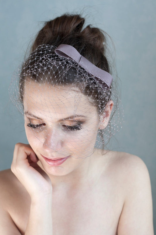 Taupe Birdcage Veil with Bow: Audrey Hepburn Style Wedding Headband