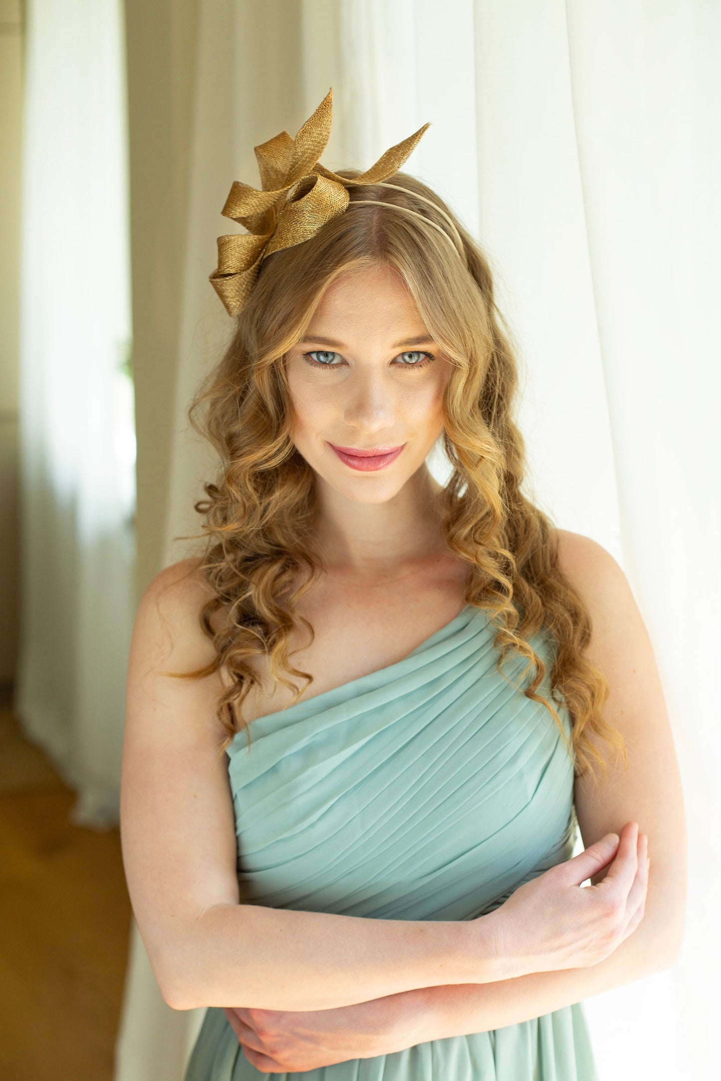 Gold Sinamay Fascinator: Couture Millinery Headpiece on Double Headband