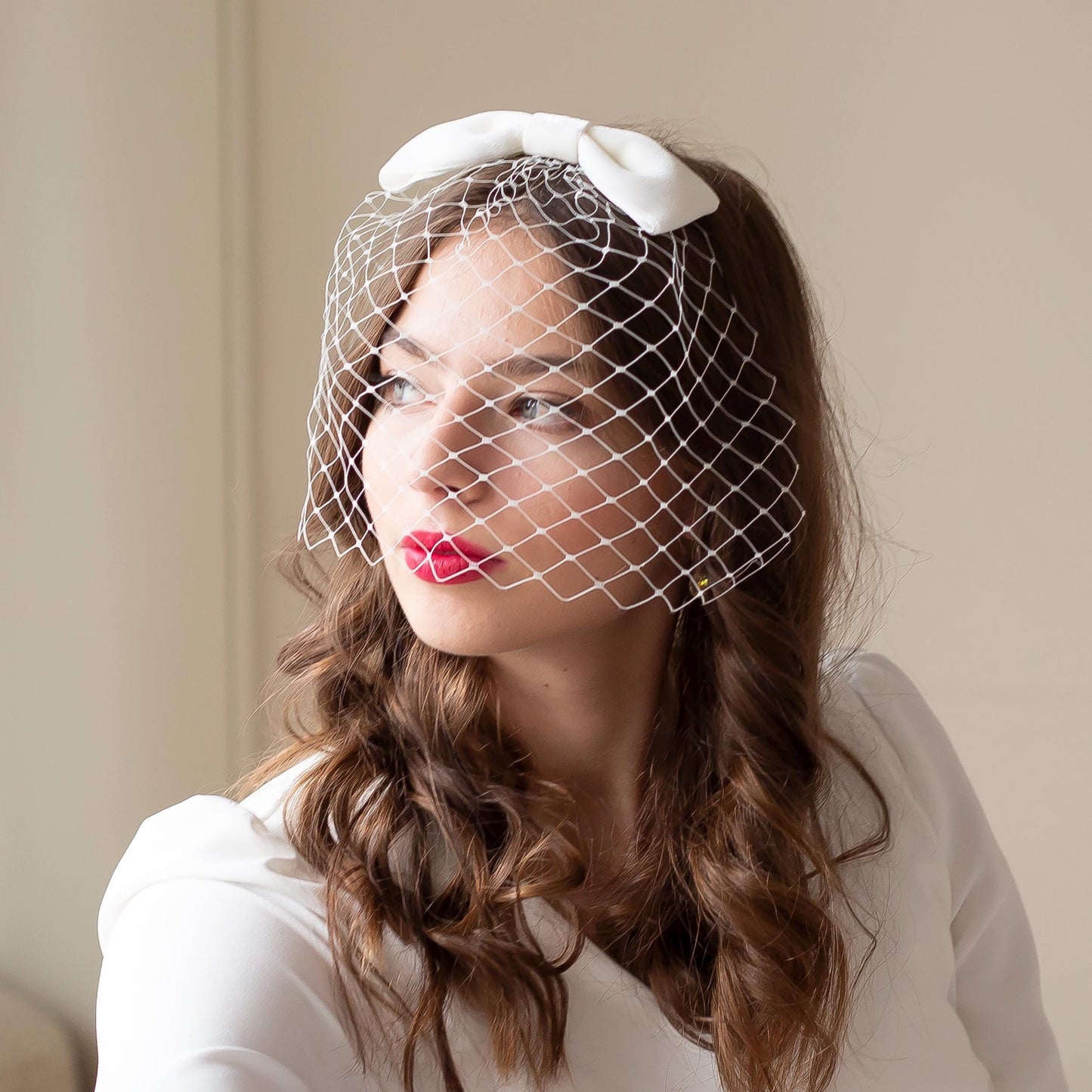 Ivory Velvet Bow Birdcage Veil - Vintage Bridal Hair Accessory