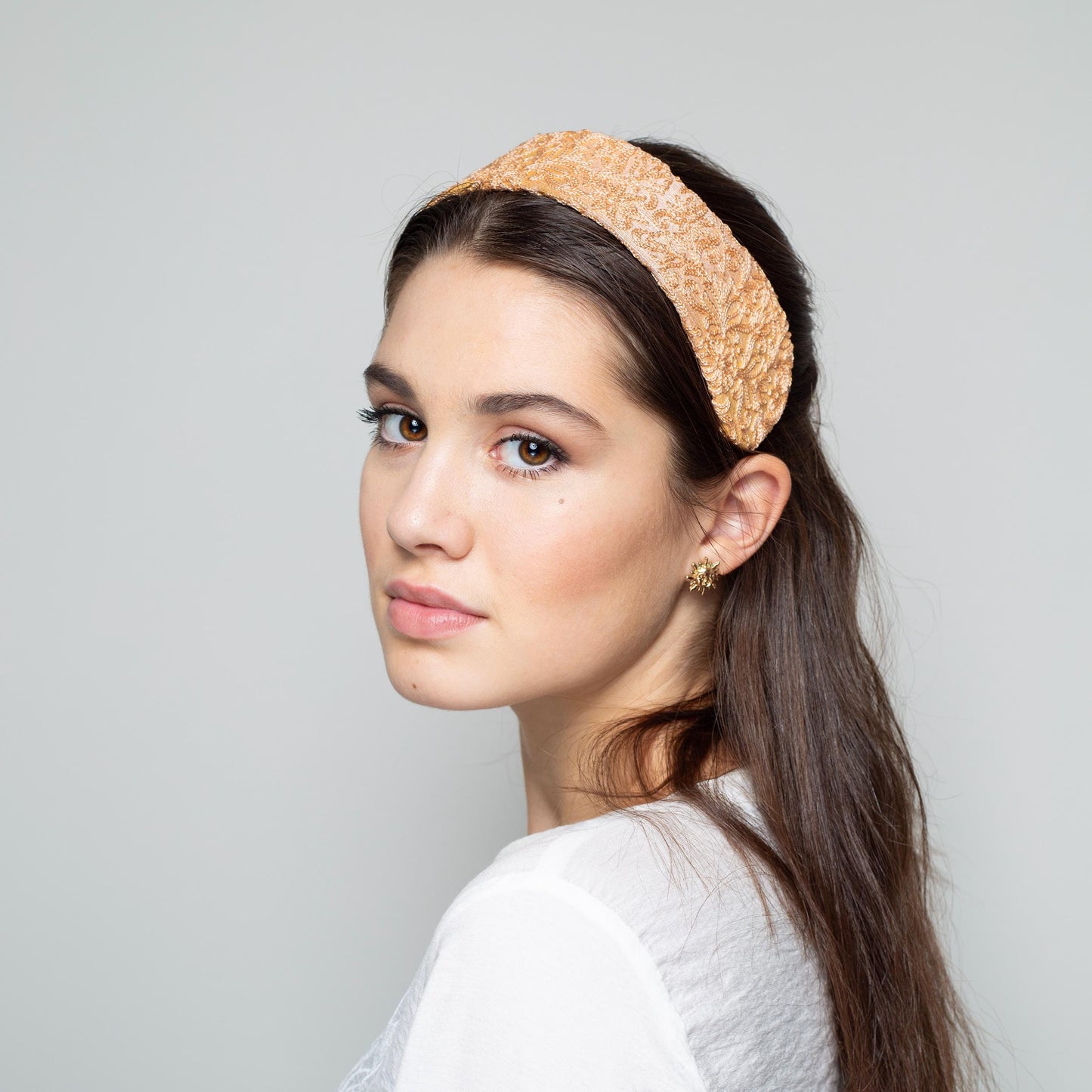 Peach Silk Headband – Embroidered Indian Silk Wide Millinery Headpiece, Bridal & Special Occasion Hair Accessory
