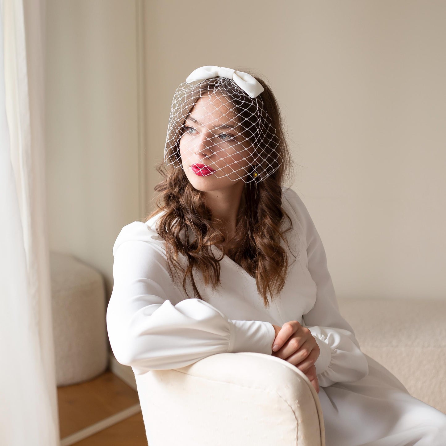 Ivory Velvet Bow Birdcage Veil - Vintage Bridal Hair Accessory