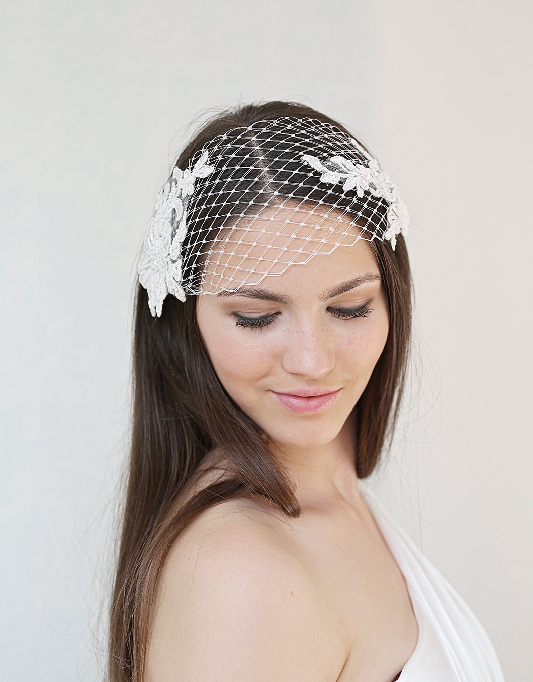 Ivory Lace Bandeau Veil: Pearl Beaded Birdcage Wedding Headband