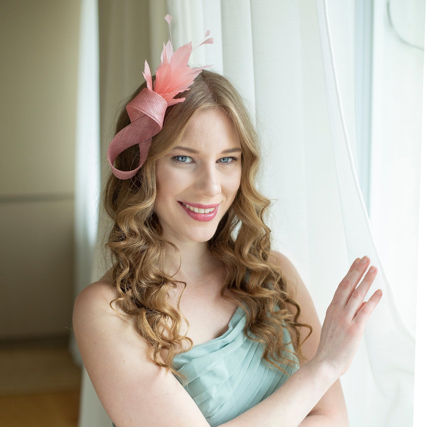 Dusky Pink Feather Fascinator: Wedding Guest Headpiece on a Clip