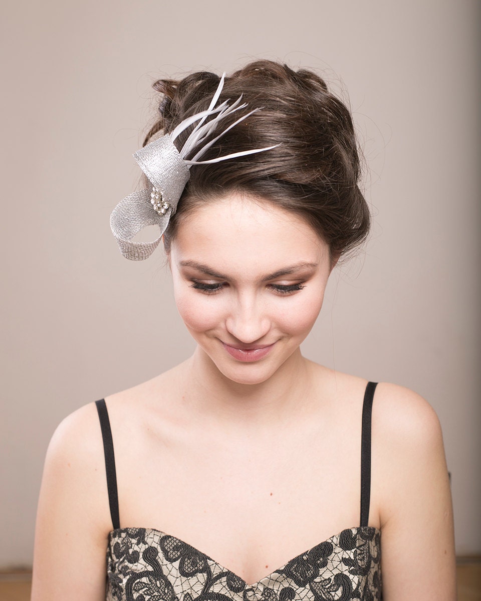 Silver Feather Fascinator, Rhinestone Wedding Headpiece, Glamorous Women Fascinator