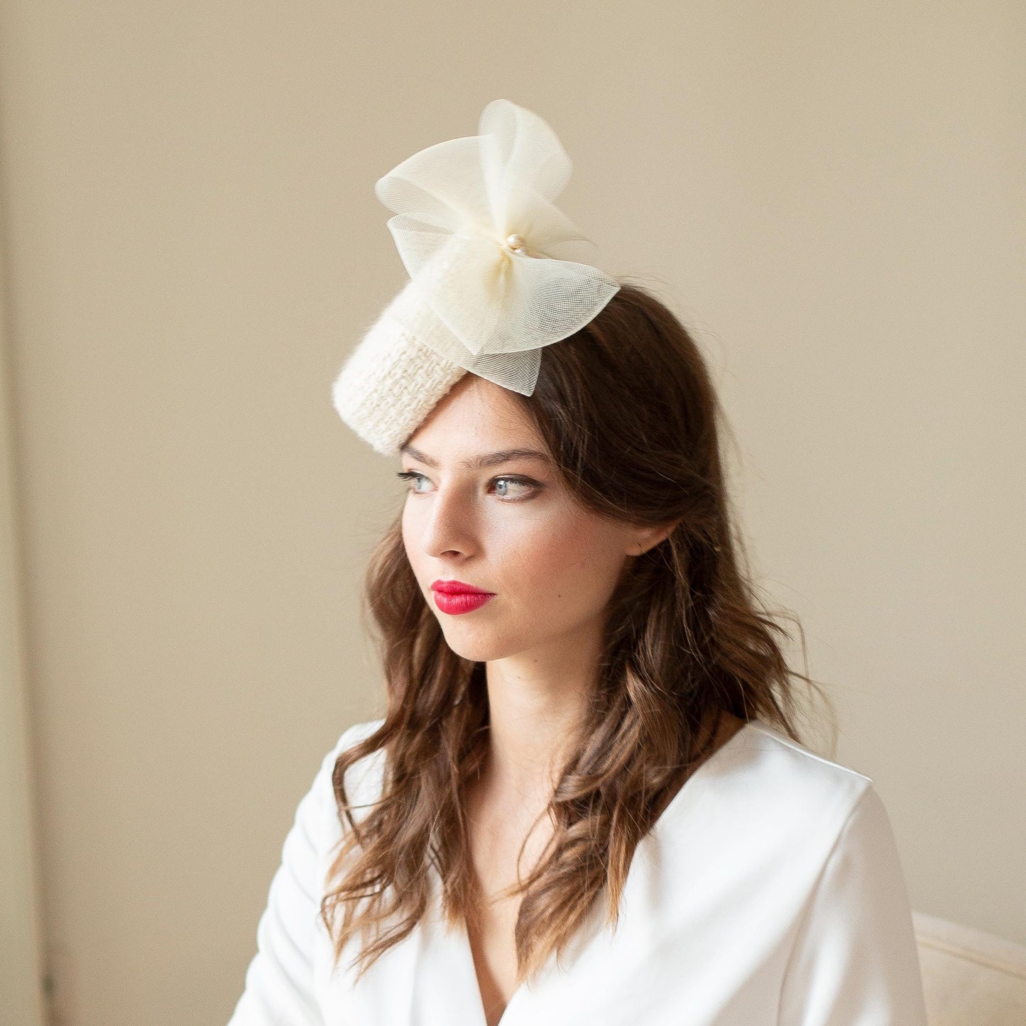 Bridal Wool Tweed Pillbox Hat: Cream Flower & Pearls Winter Wedding