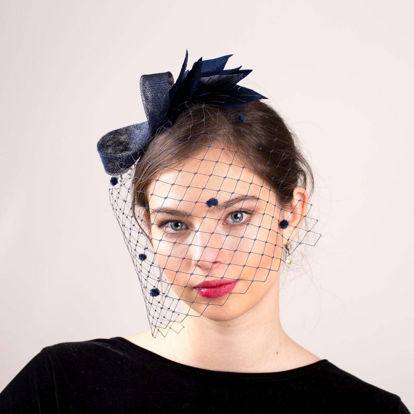 Navy Birdcage Veil Fascinator, Dotted Wedding Hair Accessory