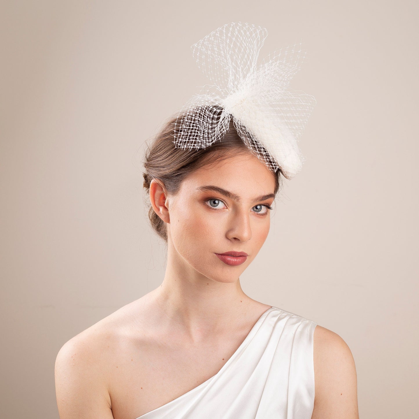 Bridal Veiled Pillbox Hat: Couture Fur Felt Wedding Hat with Netting Bow