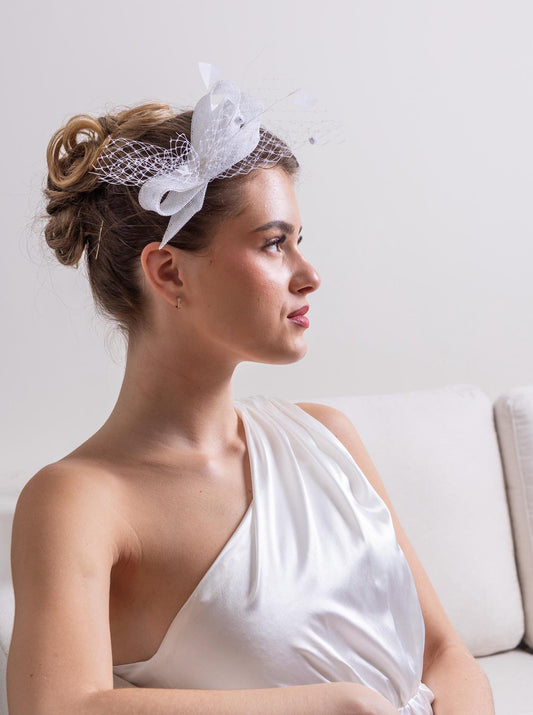 White Feather Bridal Bow Fascinator, Dotted Netting Headpiece for a bride
