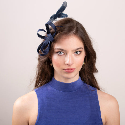 Navy Feather Fascinator, Elegant Wedding Guest Headpiece