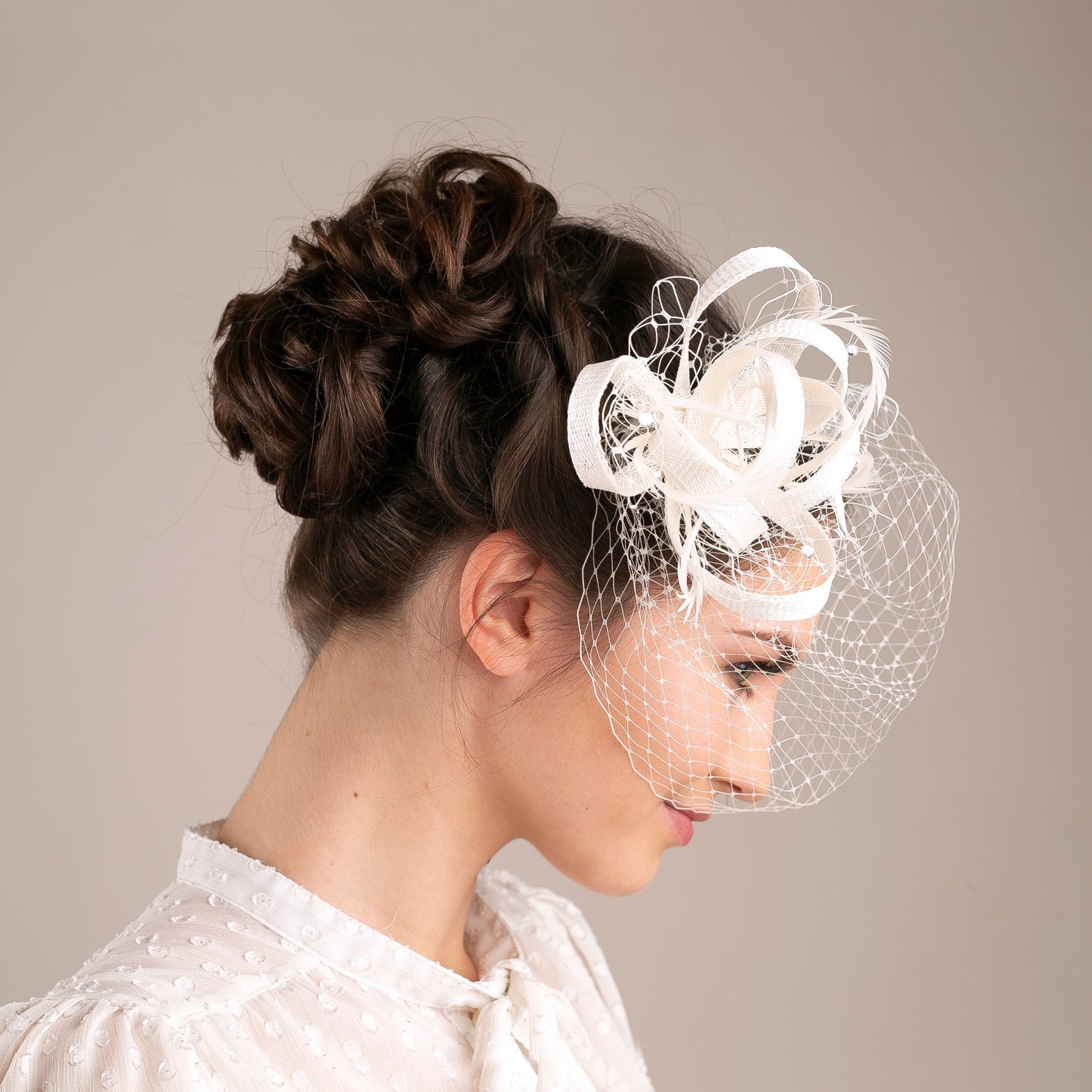 Feather & Veiling Wedding Fascinator, Romantic Bridal Headpiece in White