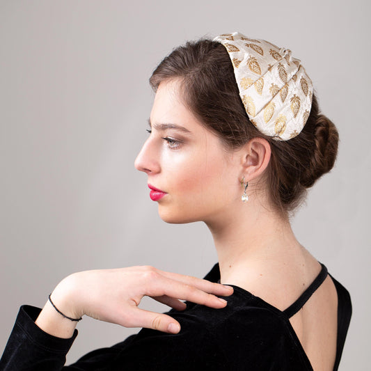 Gold Banarasi Fabric Calotte Hat: Old Hollywood Style Half Hat