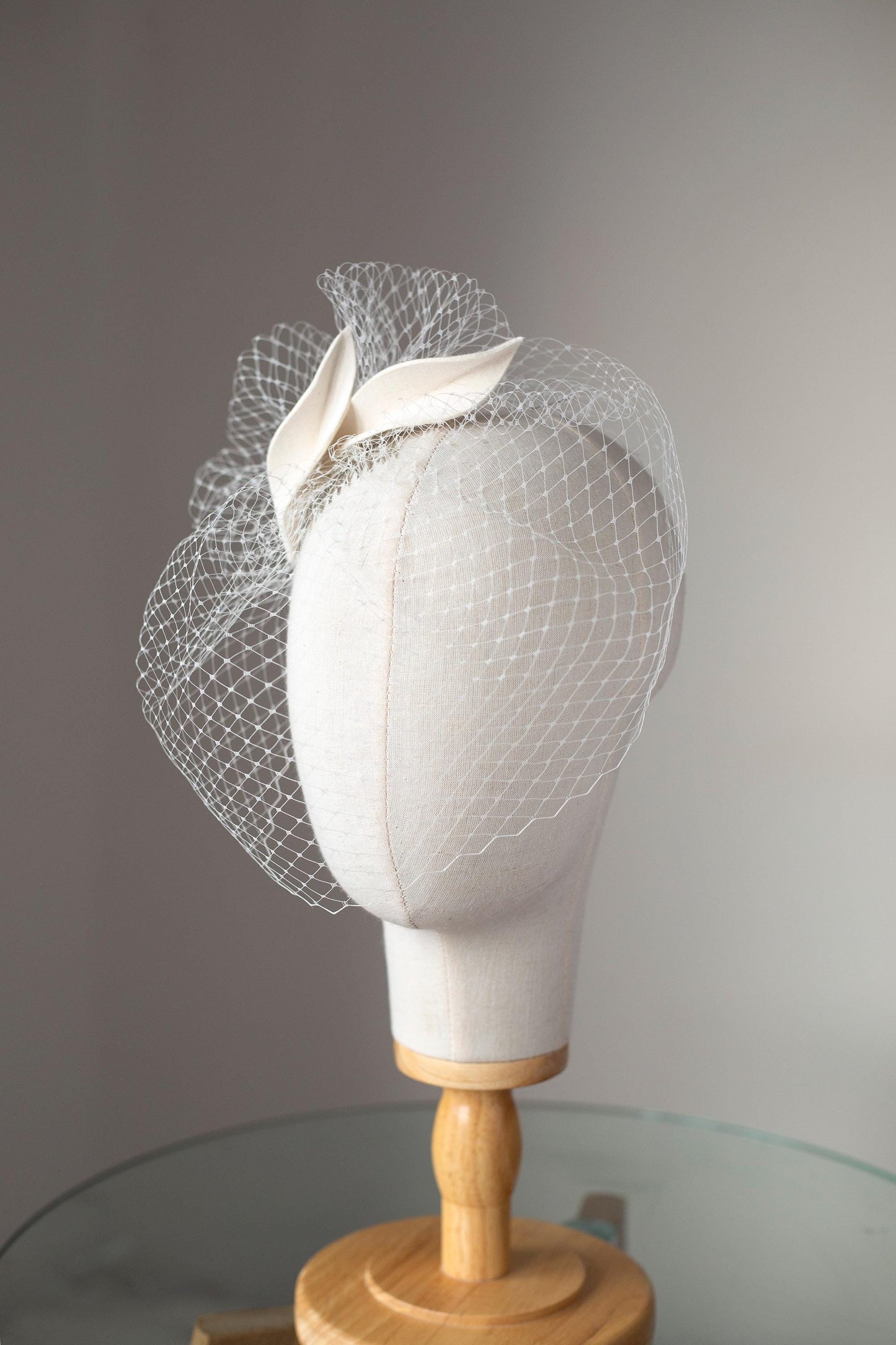 Bridal petals fascinator with short birdcage veil,  ivory felt leaves head piece on wedding birdcage netting veil, READY TO SHIP