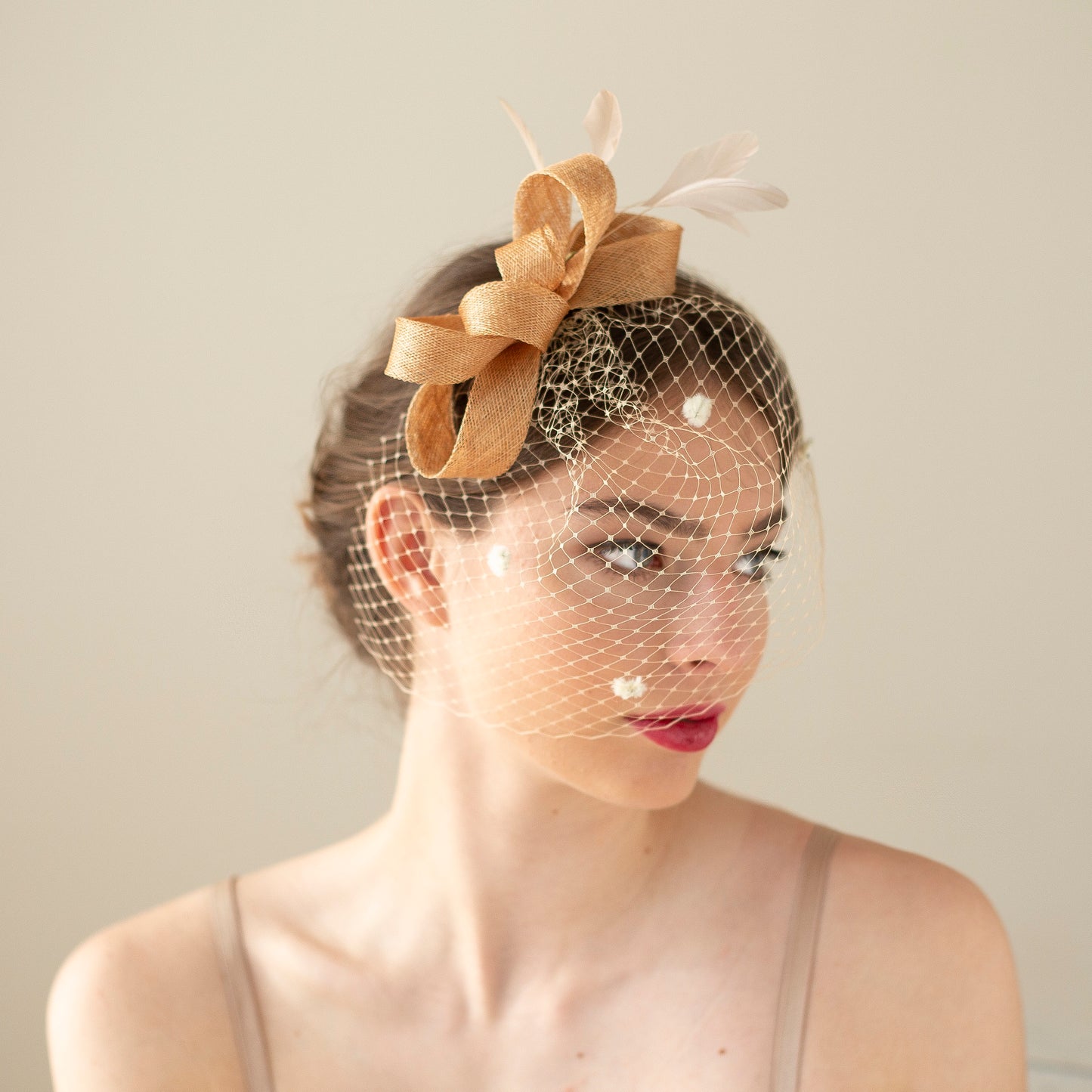 Beige Bridal Bow Fascinator, Feather & Birdcage Veil Headpiece