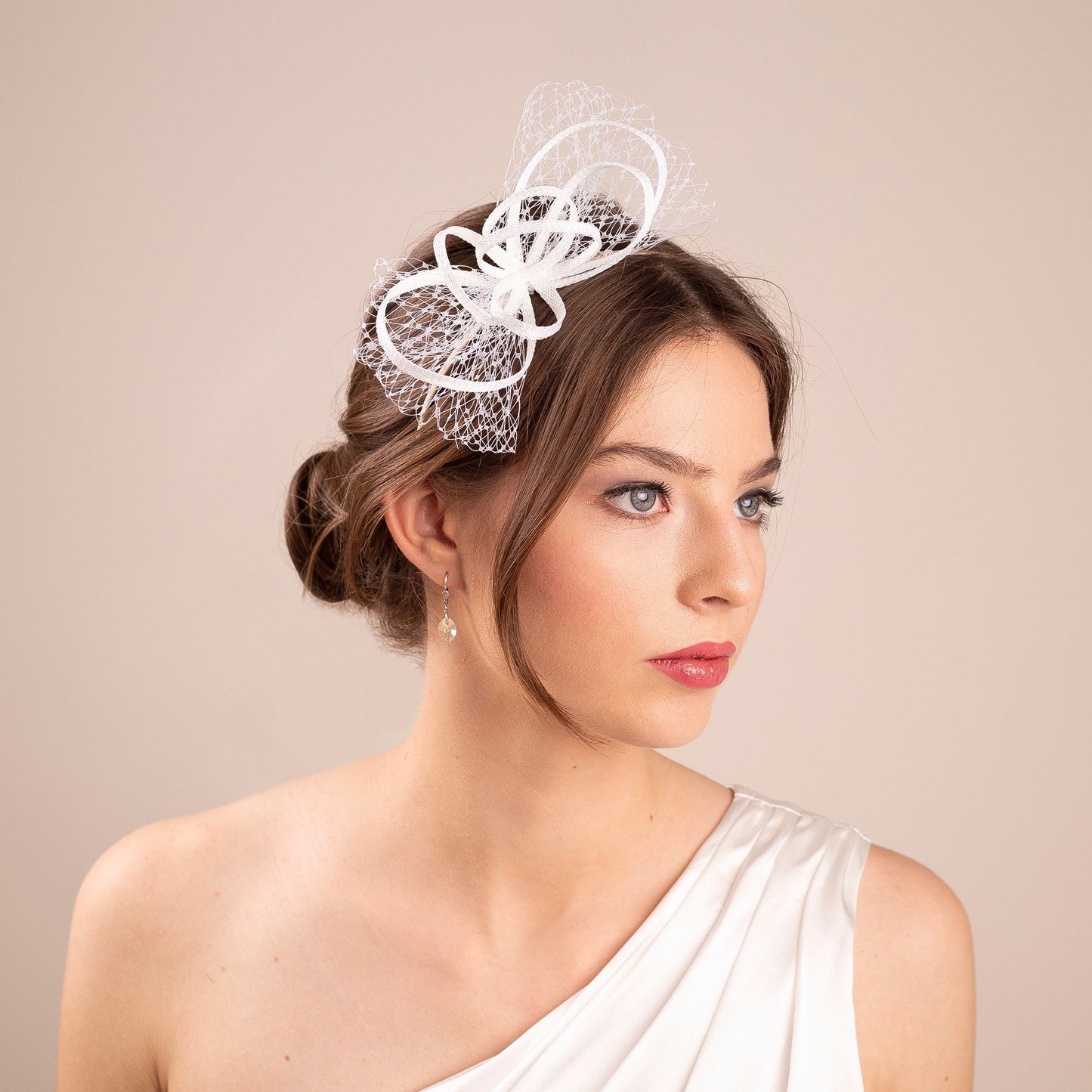 White Bridal Fascinator: Veiling Pouf Hairpiece on Headband