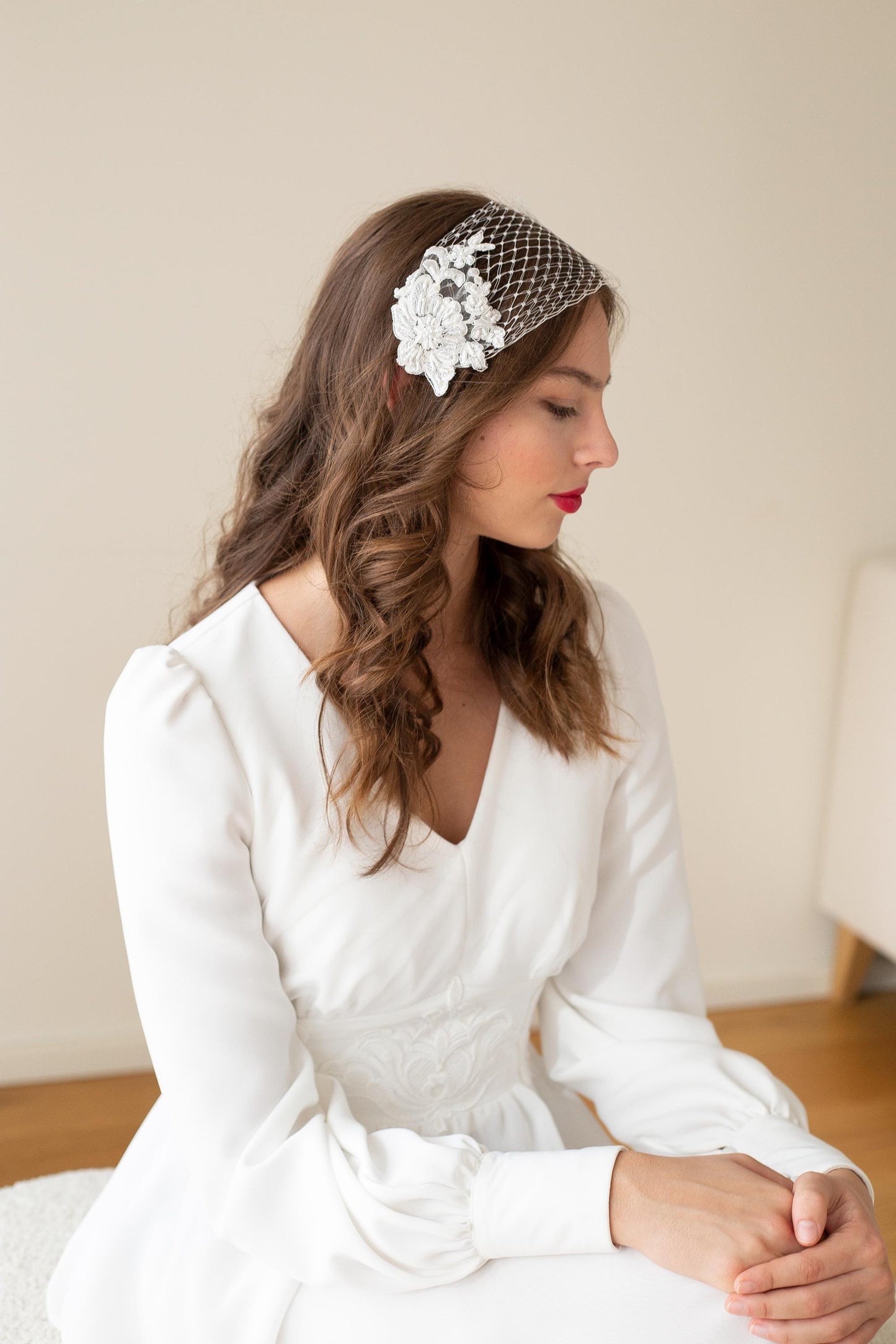 Ivory Floral Lace Bandeau Veil: Beaded Wedding Headband