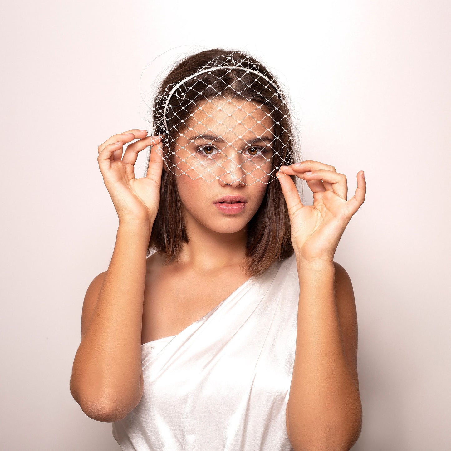Ivory Birdcage Veil Headband: Nose-Length Bridal Veil