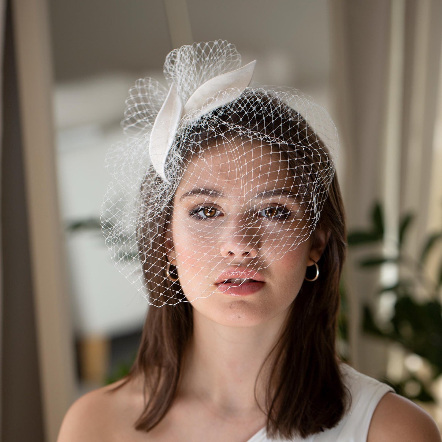 Ivory Birdcage Veil: Felt Leaf Petals, Elegant Bridal Headpiece