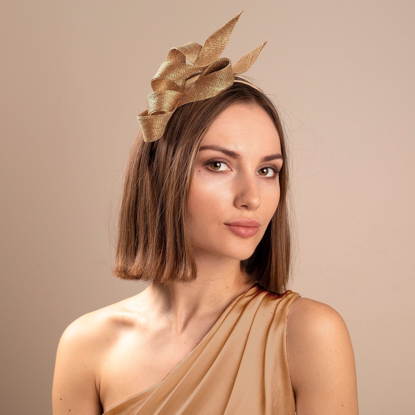 Modern gold fascinator, wedding guest fascinator, sculptural woman fascinator, couture millinery headpiece for mother of bride ot groom